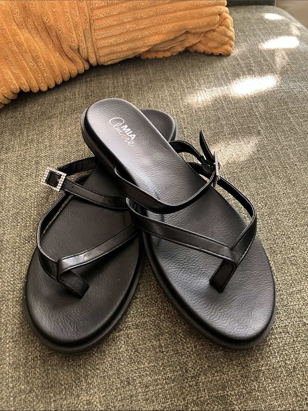 Olivia Miller Black Strappy Toe-Thong Sandals with Buckle Accent